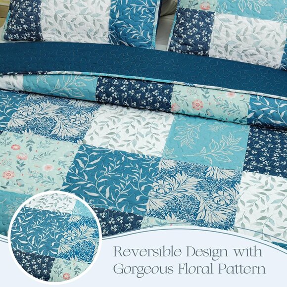 New Blue Floral Patchwork Reversible 3-Piece Bedding Quilt Set • QUEEN - Picture 3 of 5